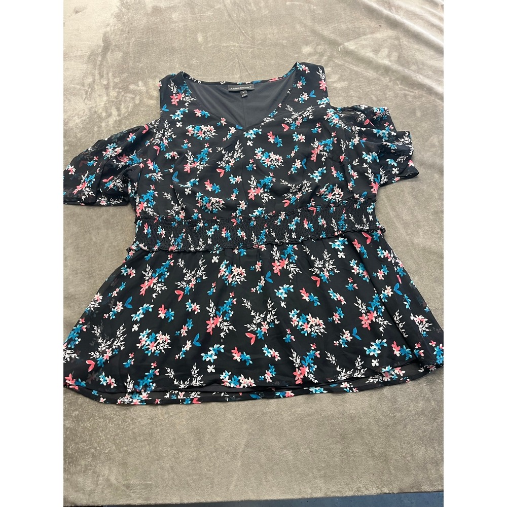 Lane Bryant Black Floral Cold Shoulder Smocked Waist Peplum Blouse Size 14